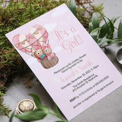 Hot Air Balloon Girl Baby Shower Invitation Template, Bear Girl Baby Shower Invite, Editable Template, Instant Download