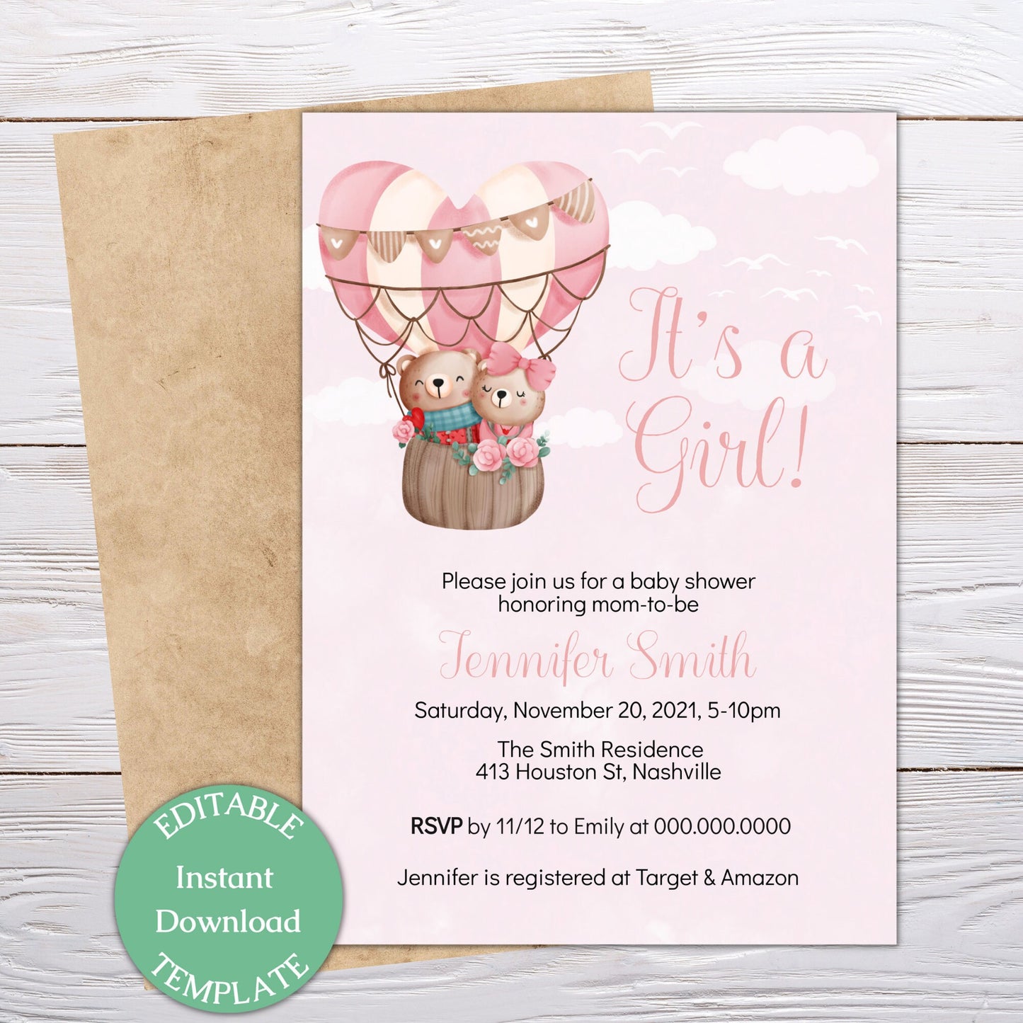 Hot Air Balloon Girl Baby Shower Invitation Template, Bear Girl Baby Shower Invite, Editable Template, Instant Download