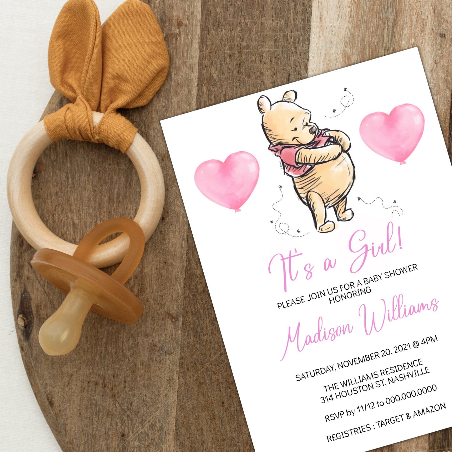 Winnie the Pooh Baby Shower Invitation Template, Girl Bear Baby Shower, Editable Digital Invite, Instant Download