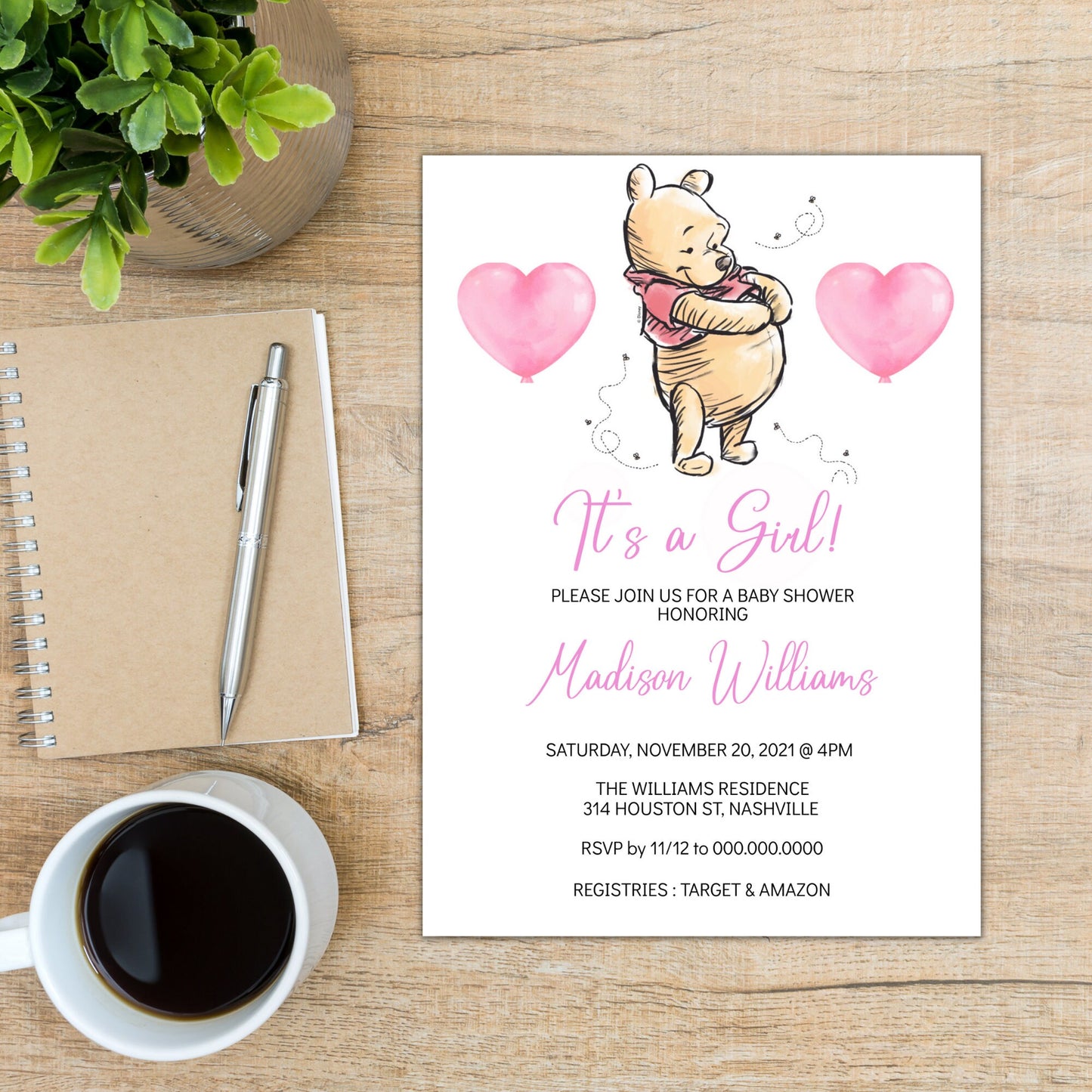 Winnie the Pooh Baby Shower Invitation Template, Girl Bear Baby Shower, Editable Digital Invite, Instant Download