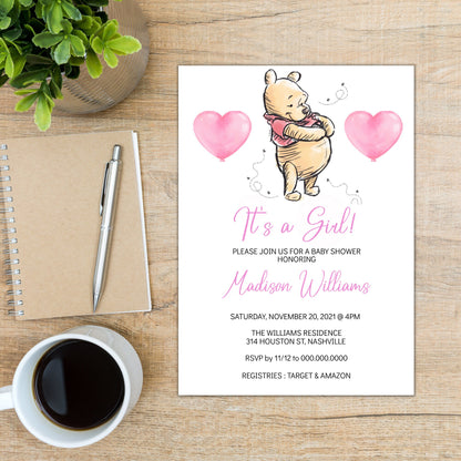 Winnie the Pooh Baby Shower Invitation Template, Girl Bear Baby Shower, Editable Digital Invite, Instant Download