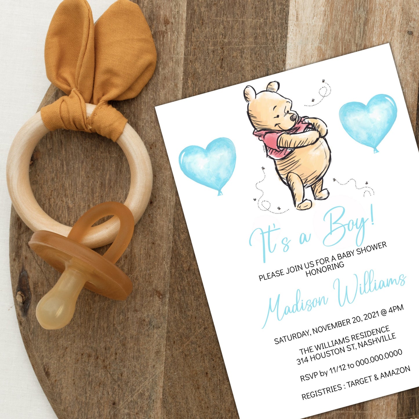 Winnie the Pooh Baby Shower Invitation Template, Boy Bear Baby Shower, Editable Digital Invite, Instant Download