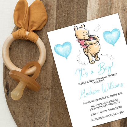 Winnie the Pooh Baby Shower Invitation Template, Boy Bear Baby Shower, Editable Digital Invite, Instant Download