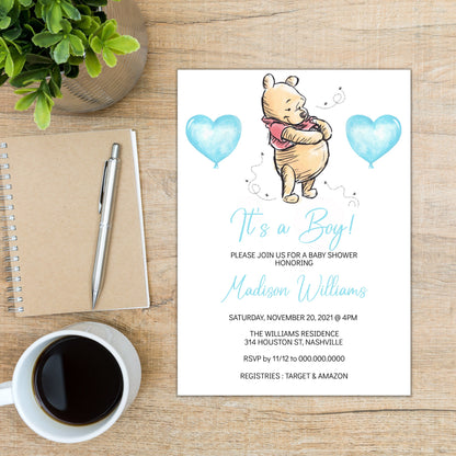 Winnie the Pooh Baby Shower Invitation Template, Boy Bear Baby Shower, Editable Digital Invite, Instant Download