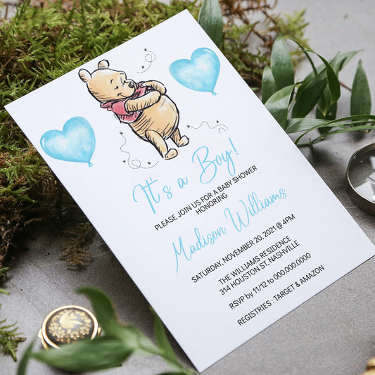 Winnie the Pooh Baby Shower Invitation Template, Boy Bear Baby Shower, Editable Digital Invite, Instant Download