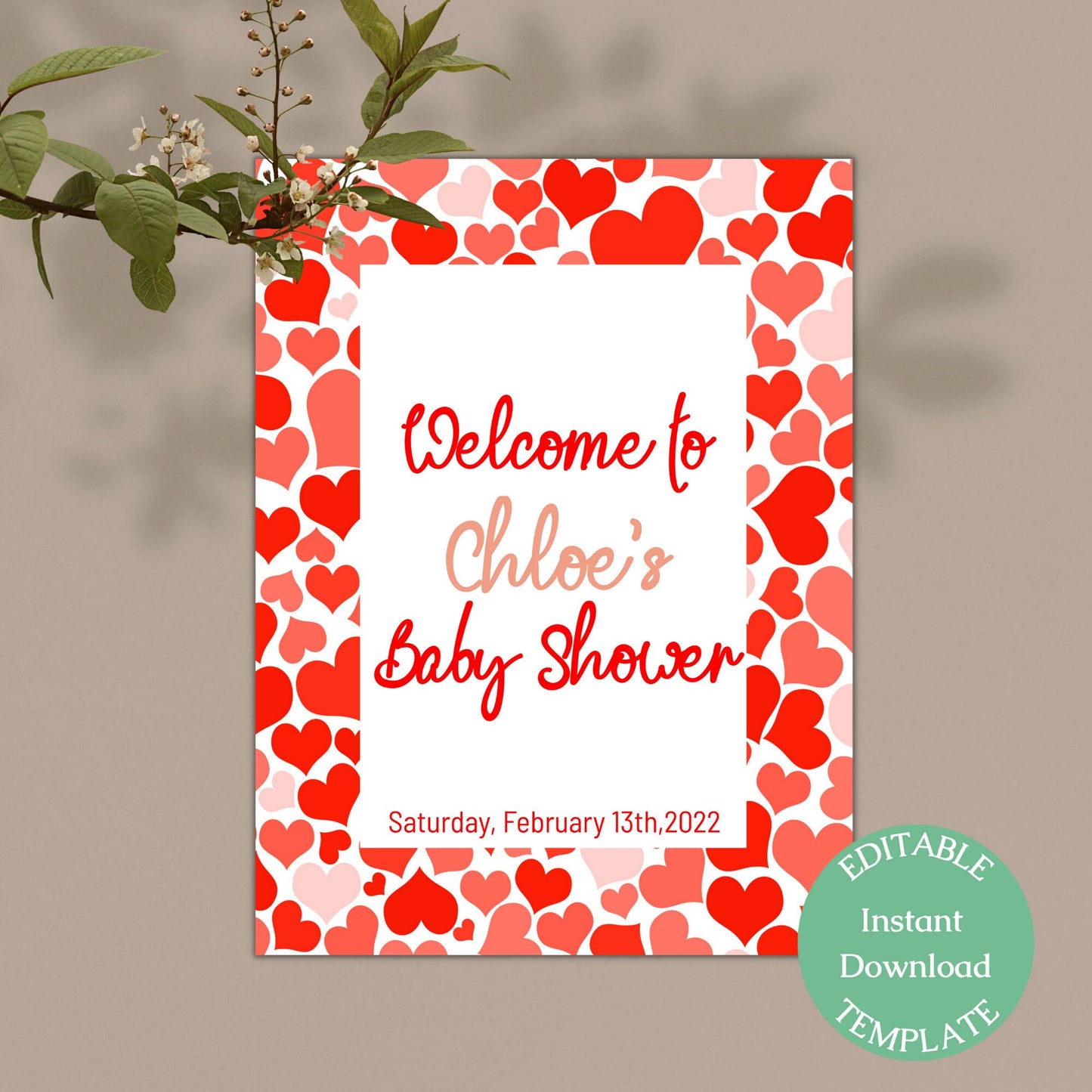 Valentines Baby Shower Welcome Sign Template, Sweetheart Red Pink Heart Baby Shower Sign, Editable Digital Download