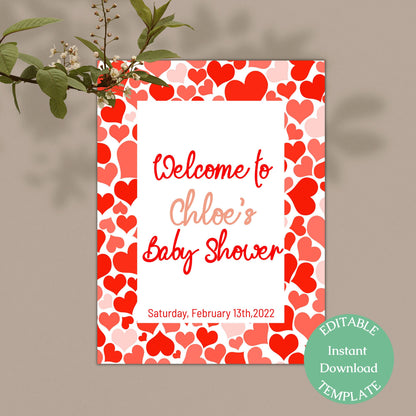 Valentines Baby Shower Welcome Sign Template, Sweetheart Red Pink Heart Baby Shower Sign, Editable Digital Download