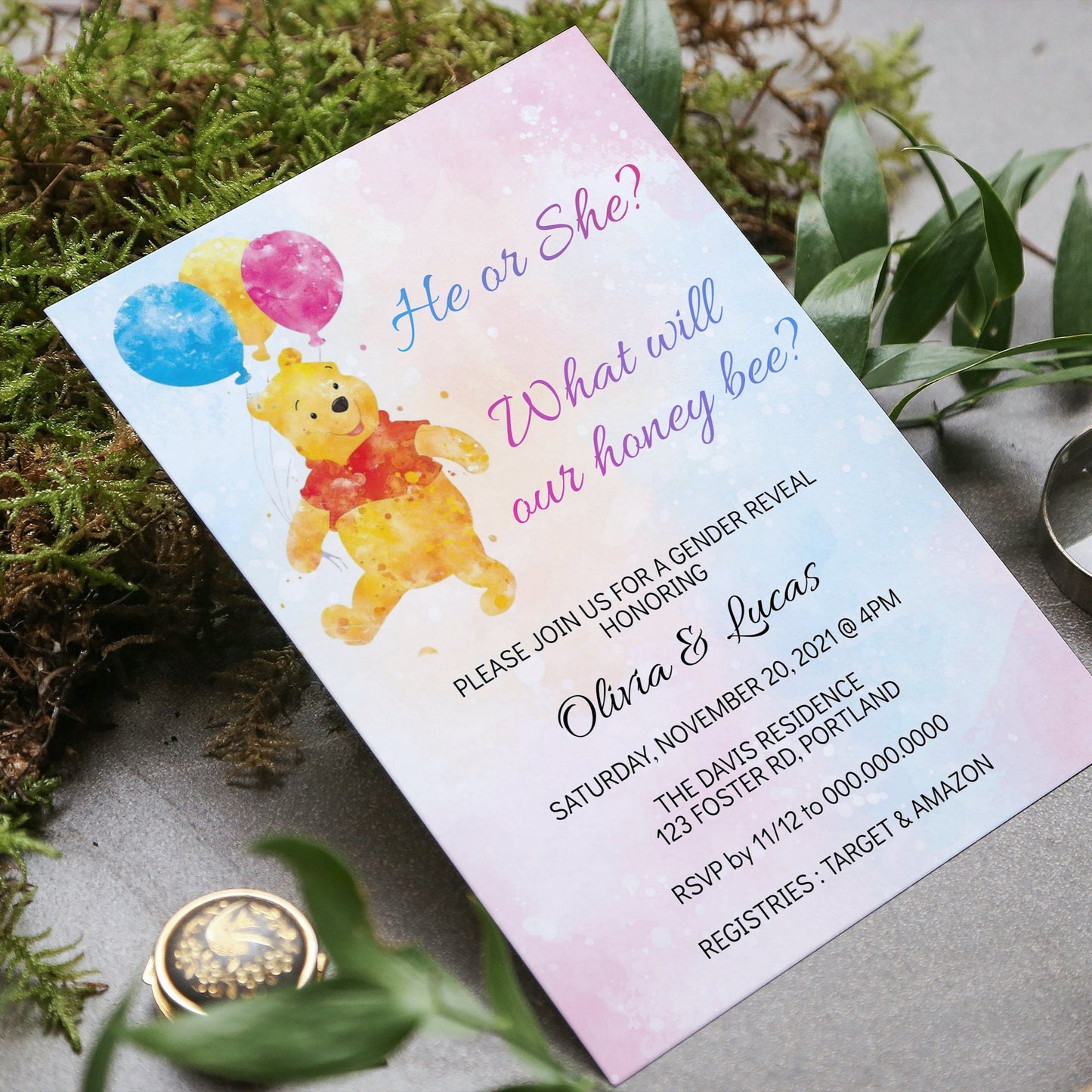 Winnie the Pooh Bear Gender Reveal Invitation Template, He or She Winnie Baby Shower, Editable Template, Instant Download