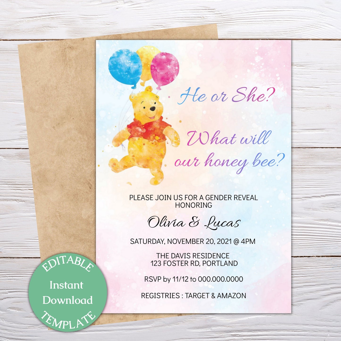 Winnie the Pooh Bear Gender Reveal Invitation Template, He or She Winnie Baby Shower, Editable Template, Instant Download