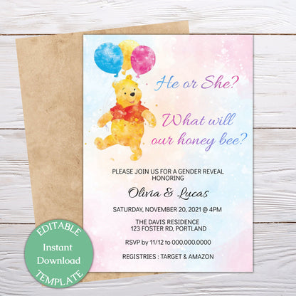 Winnie the Pooh Bear Gender Reveal Invitation Template, He or She Winnie Baby Shower, Editable Template, Instant Download