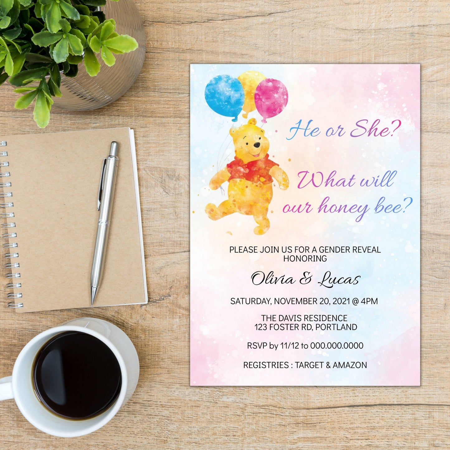 Winnie the Pooh Bear Gender Reveal Invitation Template, He or She Winnie Baby Shower, Editable Template, Instant Download