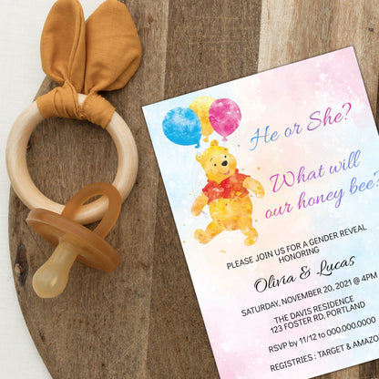 Winnie the Pooh Bear Gender Reveal Invitation Template, He or She Winnie Baby Shower, Editable Template, Instant Download