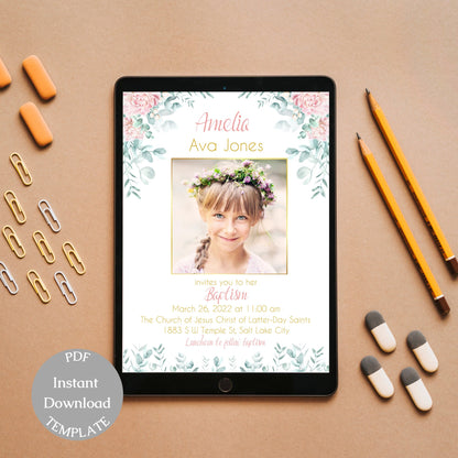 LDS Baptism Invitation, Floral Gold Baptism Invitation Girl, LDS Announcement, Editable Template, Instant Download