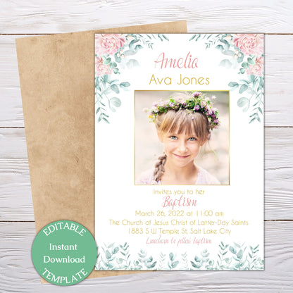 LDS Baptism Invitation, Floral Gold Baptism Invitation Girl, LDS Announcement, Editable Template, Instant Download