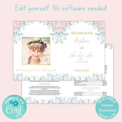 LDS Baptism Program, Floral Gold Baptism Program Girl, Editable Floral Program, Editable Template, Instant Download