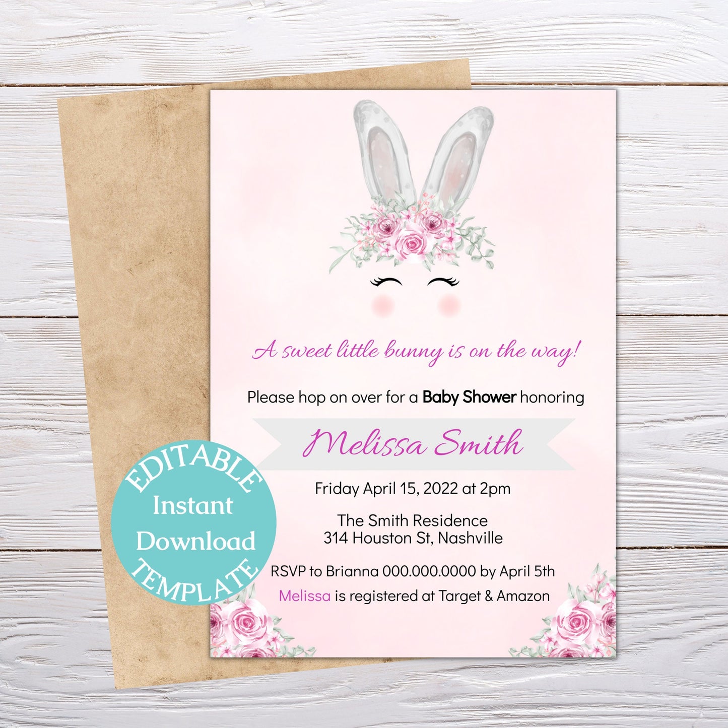 Easter Bunny Baby Shower Invitation Template, Bunny Girl Baby Shower Invite, Editable Template, Instant Download