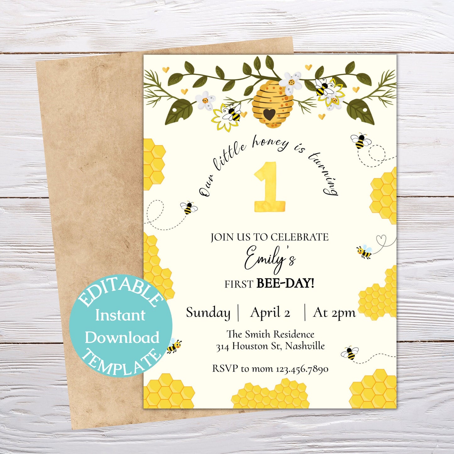 Bee First Birthday Invitation Bundle, First Bee Day, 1st Bee Day, 1st Birthday Decorations, Editable Digital Template