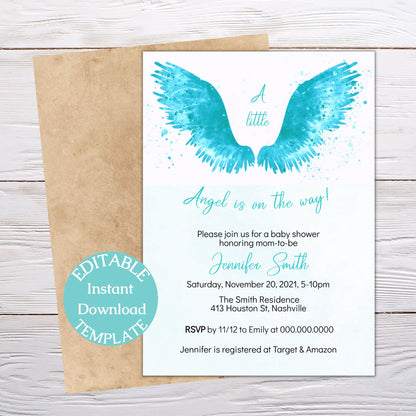 Angel Wings Baby Shower Invitation Template, Blue Wings Baby Shower Boy Invite, Editable Template, Instant Download