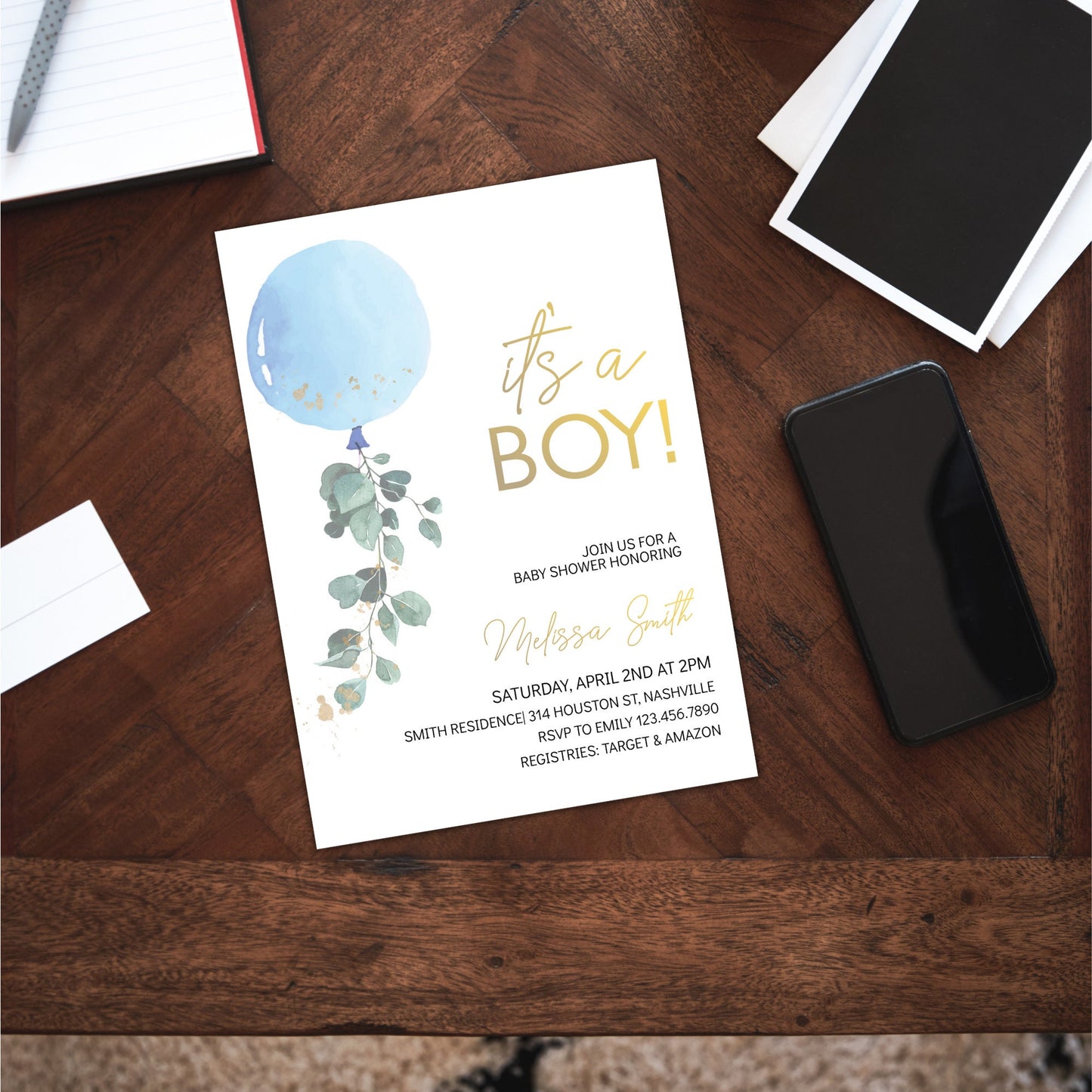 It's a Boy Baby Shower Invitation Template, Blue Balloon Baby Shower Boy Invite, Editable Template, Instant Download