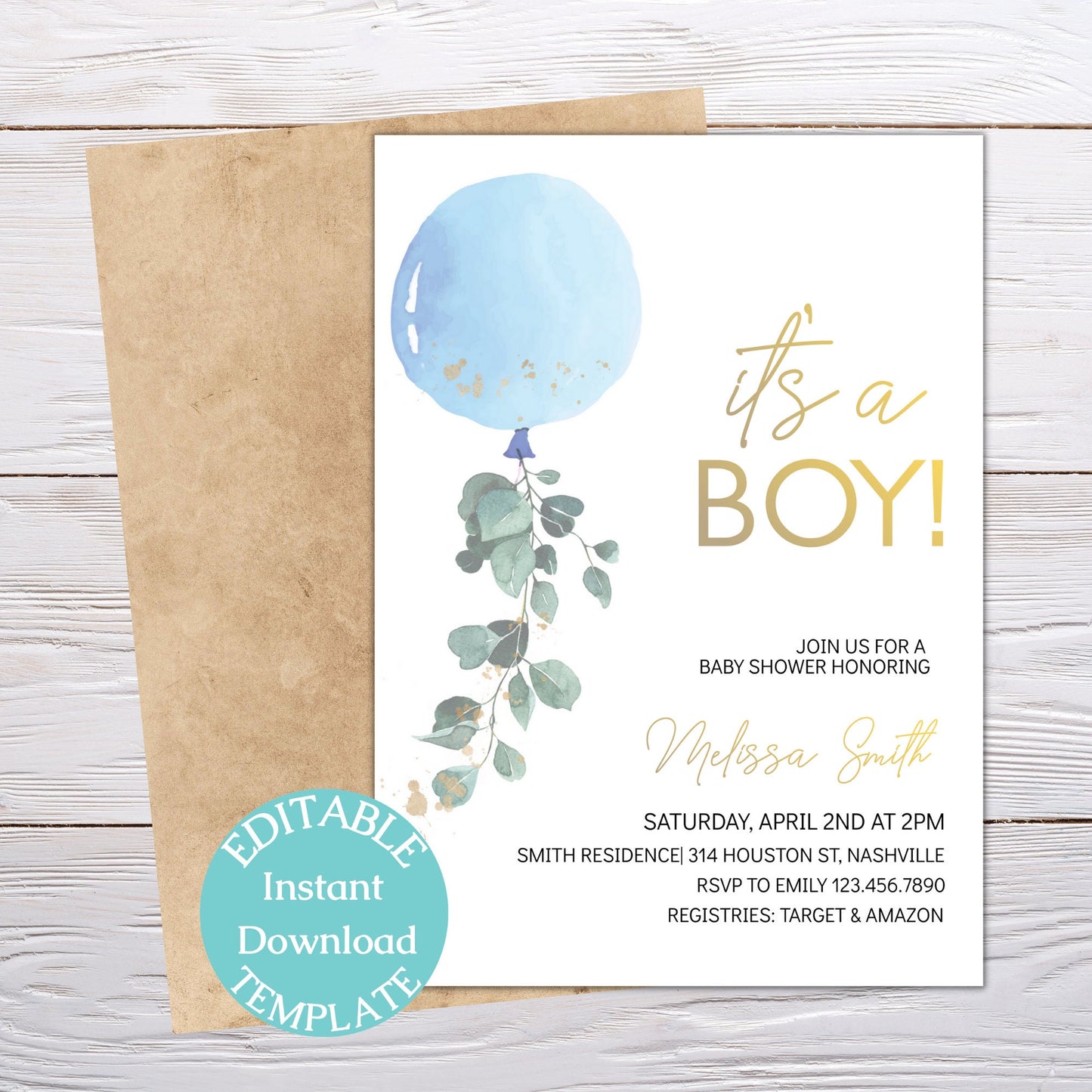 It's a Boy Baby Shower Invitation Template, Blue Balloon Baby Shower Boy Invite, Editable Template, Instant Download