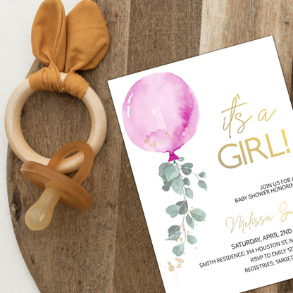 It's a Girl Baby Shower Invitation Template, Pink Balloon Baby Shower Girl Invite, Editable Template, Instant Download