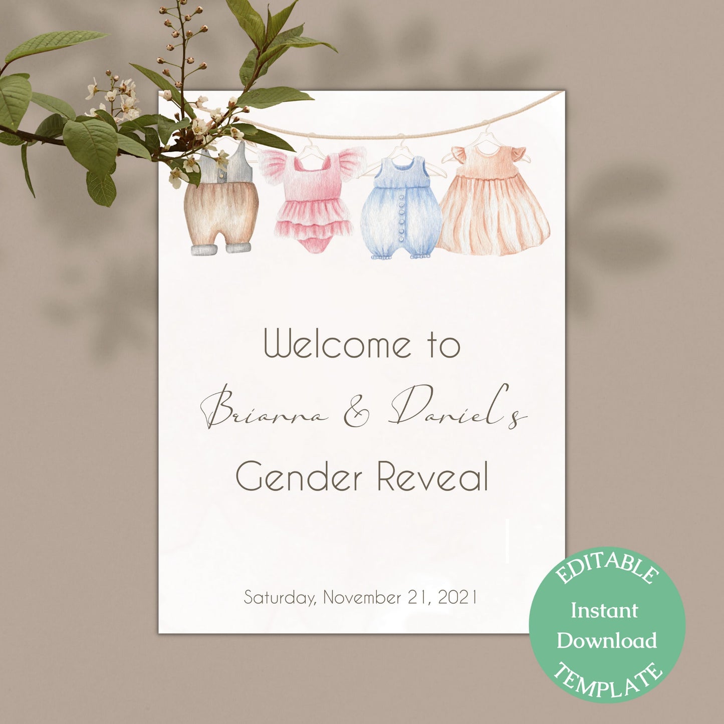 Boho Gender Reveal Welcome Sign Template, Neutral Gender Reveal Sign, He or She, Editable Template, Instant Download