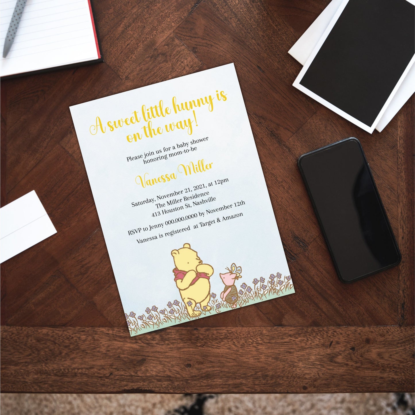 Winnie the Pooh Baby Shower Invitation Template, Gender Neutral Pooh Bear, Editable Digital Template, Instant download