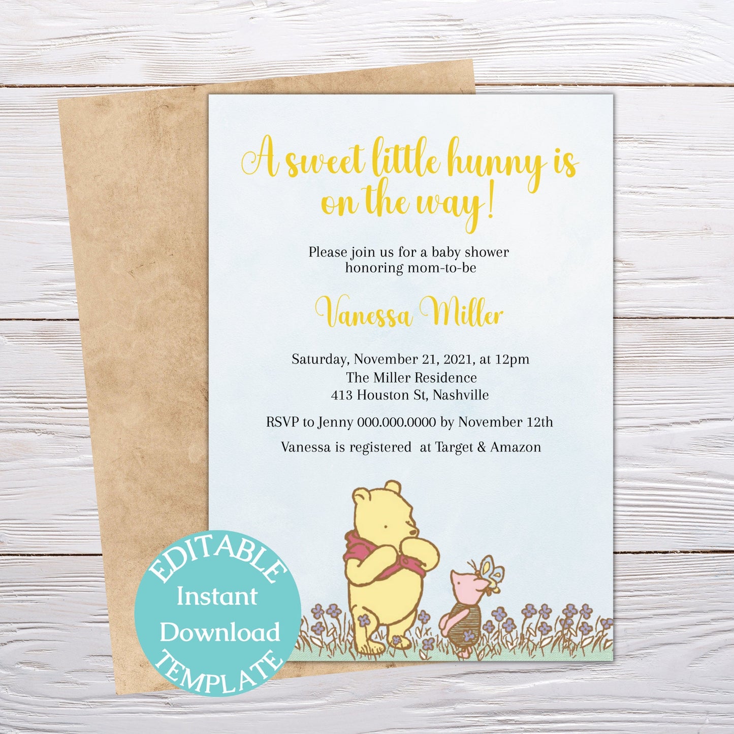 Winnie the Pooh Baby Shower Invitation Template, Gender Neutral Pooh Bear, Editable Digital Template, Instant download