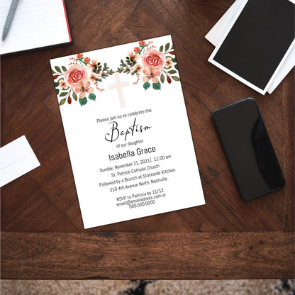 Floral Baptism Invitation Template, Modern Girl Flowers Baptism Invite, Editable Template, Instant Download