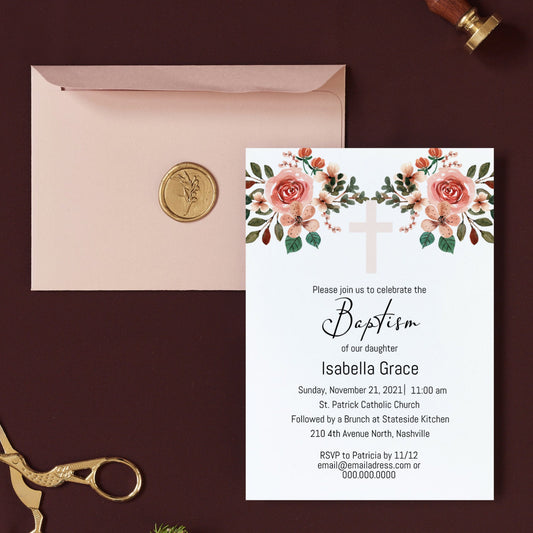 Floral Baptism Invitation Template, Modern Girl Flowers Baptism Invite, Editable Template, Instant Download