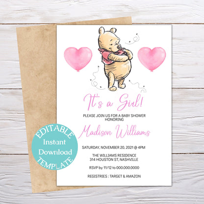 Winnie the Pooh Baby Shower Invitation Template, Girl Bear Baby Shower, Editable Digital Invite, Instant Download