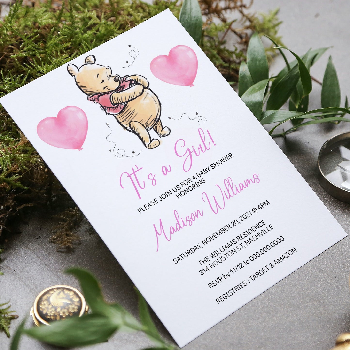 Winnie the Pooh Baby Shower Invitation Template, Girl Bear Baby Shower, Editable Digital Invite, Instant Download