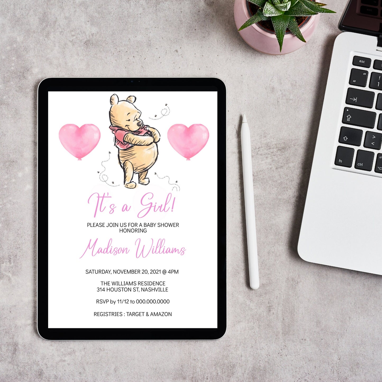 Winnie the Pooh Baby Shower Invitation Template, Girl Bear Baby Shower, Editable Digital Invite, Instant Download