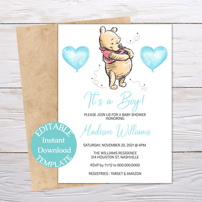 Winnie the Pooh Baby Shower Invitation Template, Boy Bear Baby Shower, Editable Digital Invite, Instant Download