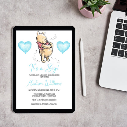 Winnie the Pooh Baby Shower Invitation Template, Boy Bear Baby Shower, Editable Digital Invite, Instant Download