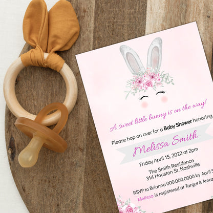 Easter Bunny Baby Shower Invitation Template, Bunny Girl Baby Shower Invite, Editable Template, Instant Download