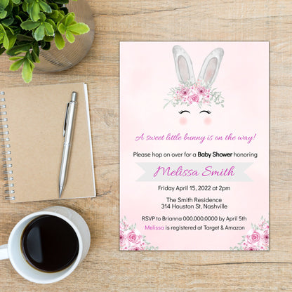 Easter Bunny Baby Shower Invitation Template, Bunny Girl Baby Shower Invite, Editable Template, Instant Download