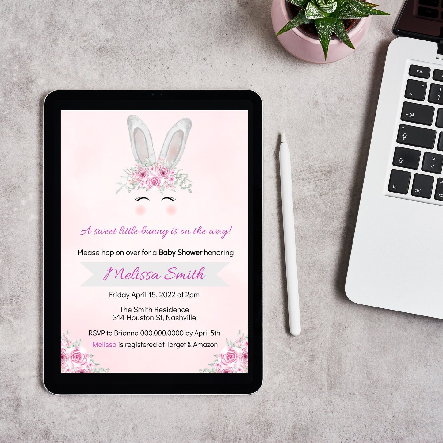 Easter Bunny Baby Shower Invitation Template, Bunny Girl Baby Shower Invite, Editable Template, Instant Download