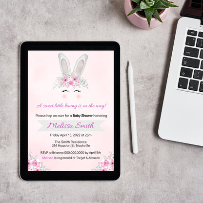 Easter Bunny Baby Shower Invitation Template, Bunny Girl Baby Shower Invite, Editable Template, Instant Download