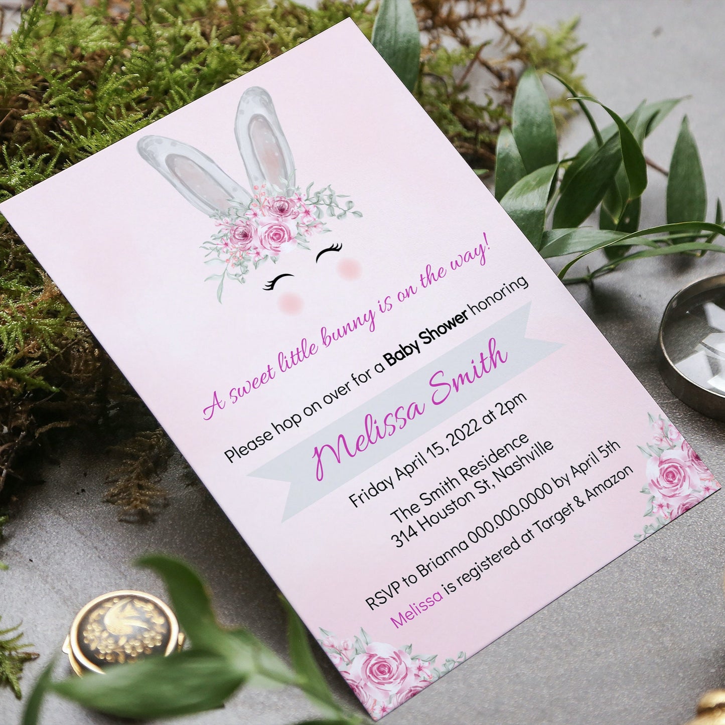 Easter Bunny Baby Shower Invitation Template, Bunny Girl Baby Shower Invite, Editable Template, Instant Download