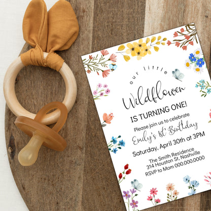 Wildflower First Birthday Invitation, 1st Birthday Invitation Girl, Girls Birthday Flower Invitation, Editable Instant Download