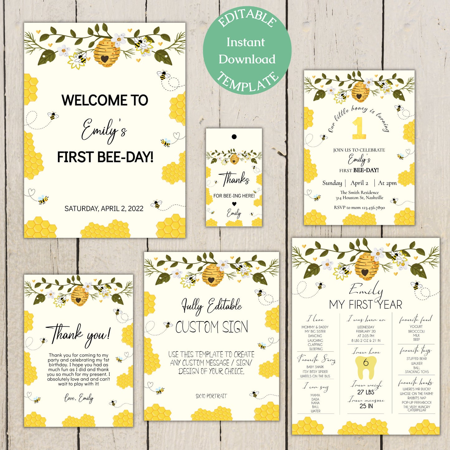 Bee First Birthday Invitation Bundle, First Bee Day, 1st Bee Day, 1st Birthday Decorations, Editable Digital Template