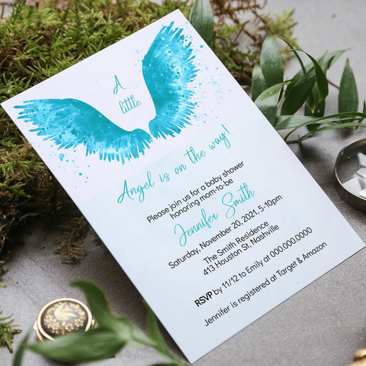 Angel Wings Baby Shower Invitation Template, Blue Wings Baby Shower Boy Invite, Editable Template, Instant Download