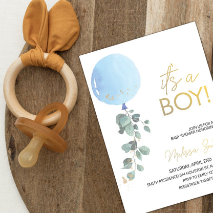 It's a Boy Baby Shower Invitation Template, Blue Balloon Baby Shower Boy Invite, Editable Template, Instant Download