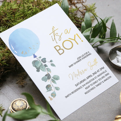 It's a Boy Baby Shower Invitation Template, Blue Balloon Baby Shower Boy Invite, Editable Template, Instant Download