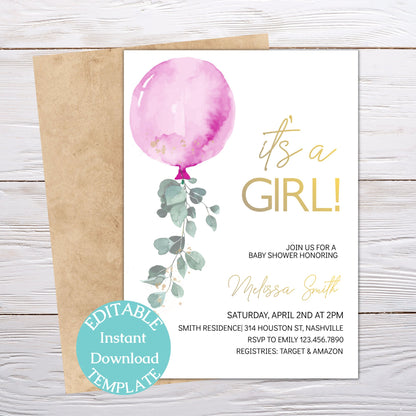 It's a Girl Baby Shower Invitation Template, Pink Balloon Baby Shower Girl Invite, Editable Template, Instant Download