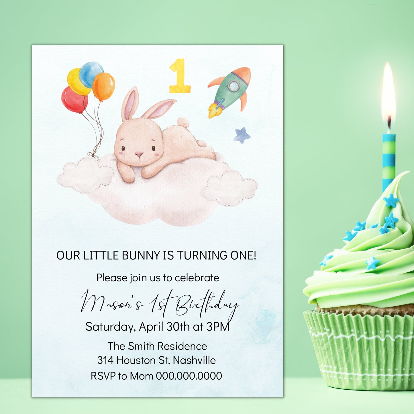 Bunny First Birthday Invitation, 1st Birthday Invitation Boy, Boys Birthday Space Invitation, Editable Instant Download