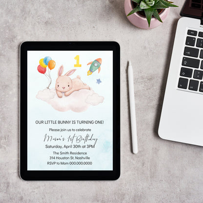 Bunny First Birthday Invitation, 1st Birthday Invitation Boy, Boys Birthday Space Invitation, Editable Instant Download