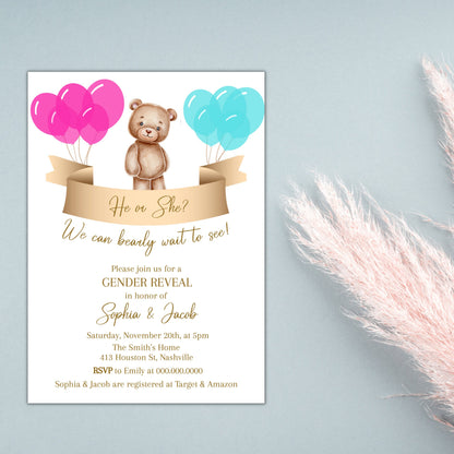 Gender Reveal Invitation Template, He or She Teddy Bear Invite, We Can Bearly Wait, Editable Template, Digital Download