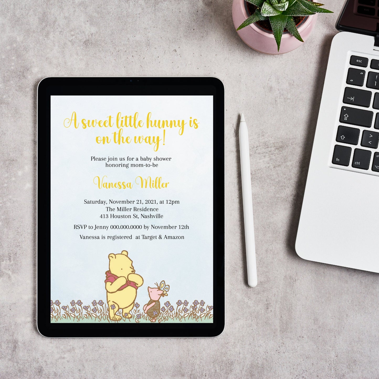 Winnie the Pooh Baby Shower Invitation Template, Gender Neutral Pooh Bear, Editable Digital Template, Instant download